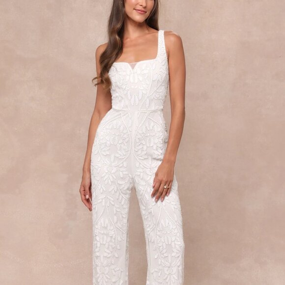 NWT XS Glittering Influence White Mesh Beaded Lace-Up Jumpsuit - Picture 1 of 6